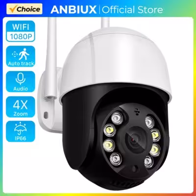 Telecamera IP PTZ WiFi per esterni, risoluzione 1080P, zoom 4X, rilevamento persone.