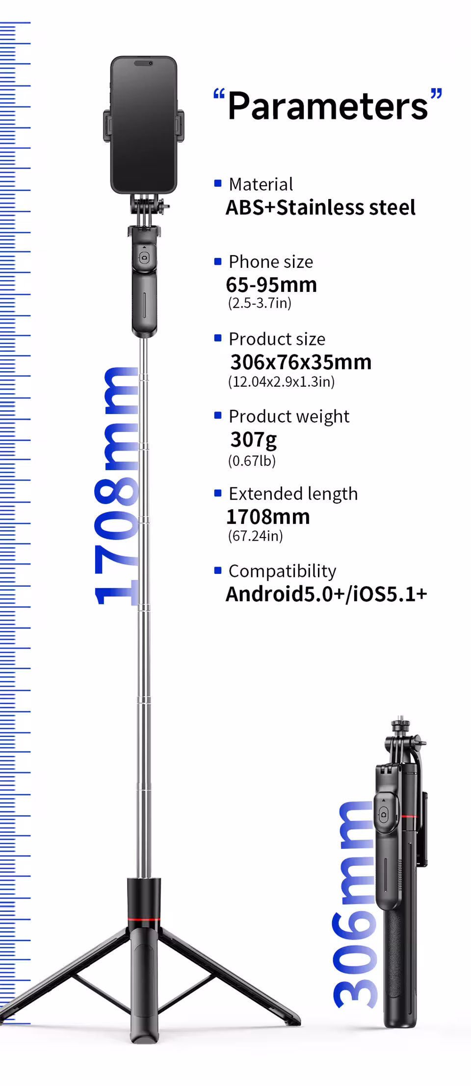 selfie stick tripod su žibintuvėliu
