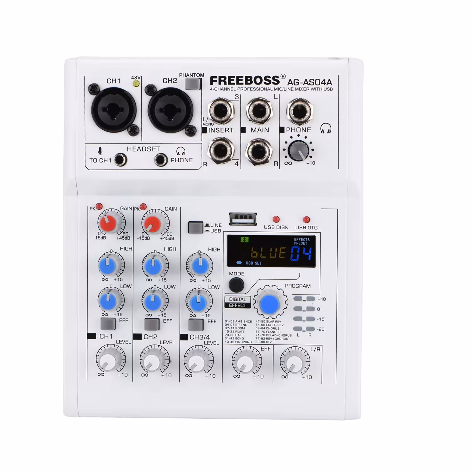 Freebass audio mixer 4 channels Bluetooth USB 88 DSP effects white