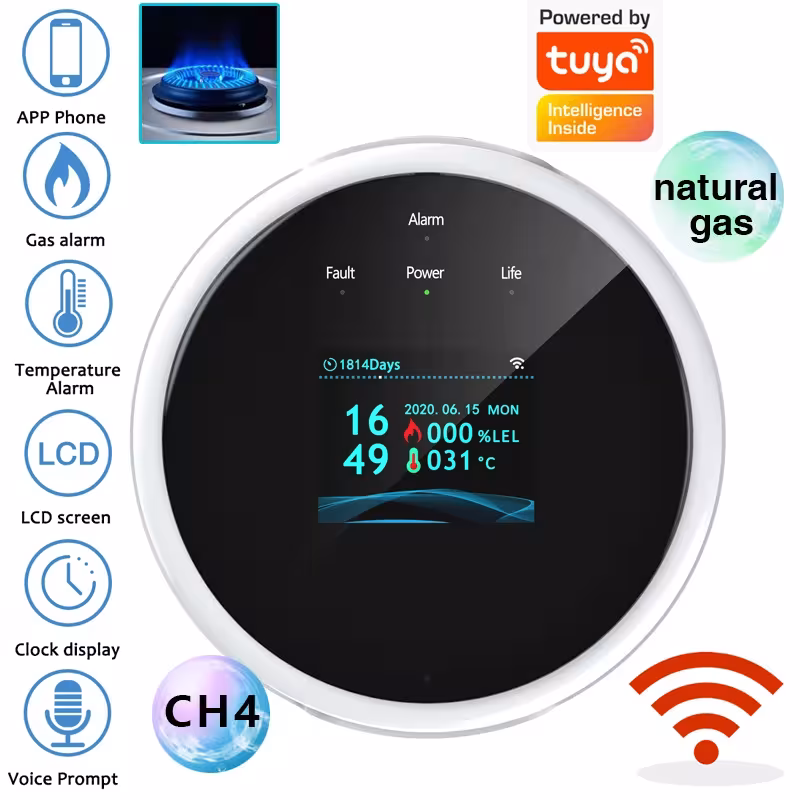 WiFi dujų nutekėjimo detektorius 2.4G Tuya Smart Life programėlei