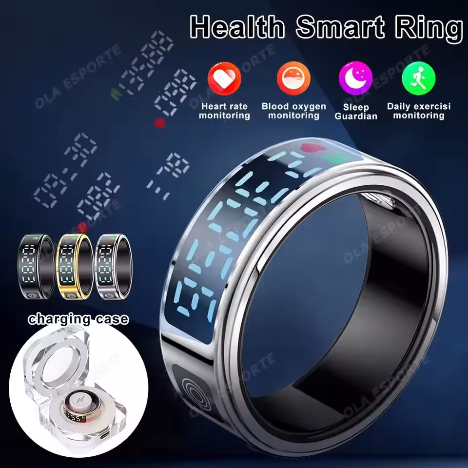 Bague intelligente SR08 pour hommes et femmes avec écran LED et moniteur de fréquence cardiaque
