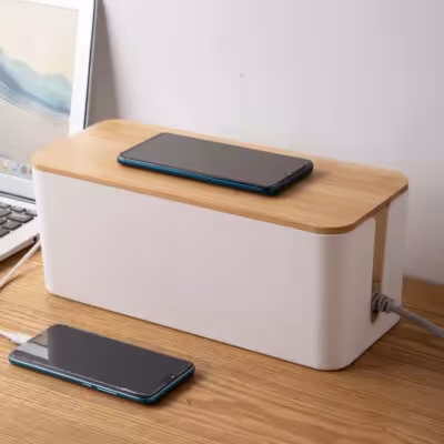 Caja de almacenamiento de cables para organizar cables de bambú y cargadores