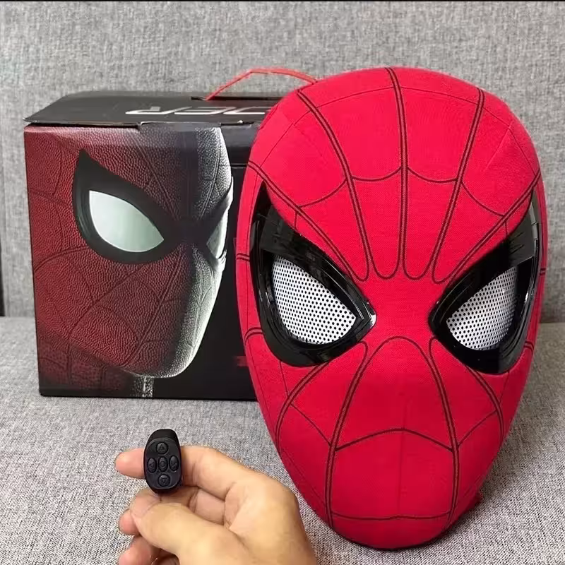 Maschera elettronica di Spider-Man con occhi che si muovono e telecomando, ideale per bambini e adulti.