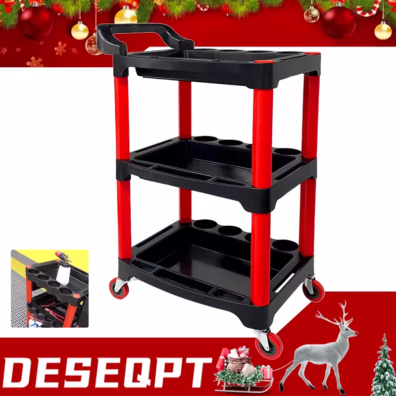 Automotive mechanic's cart with 3 tiers and 4 wheels for storing tools, fasteners, and liquids in workshops