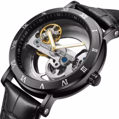 Reloj automático de lujo para hombre con diseño esqueleto y correa de cuero