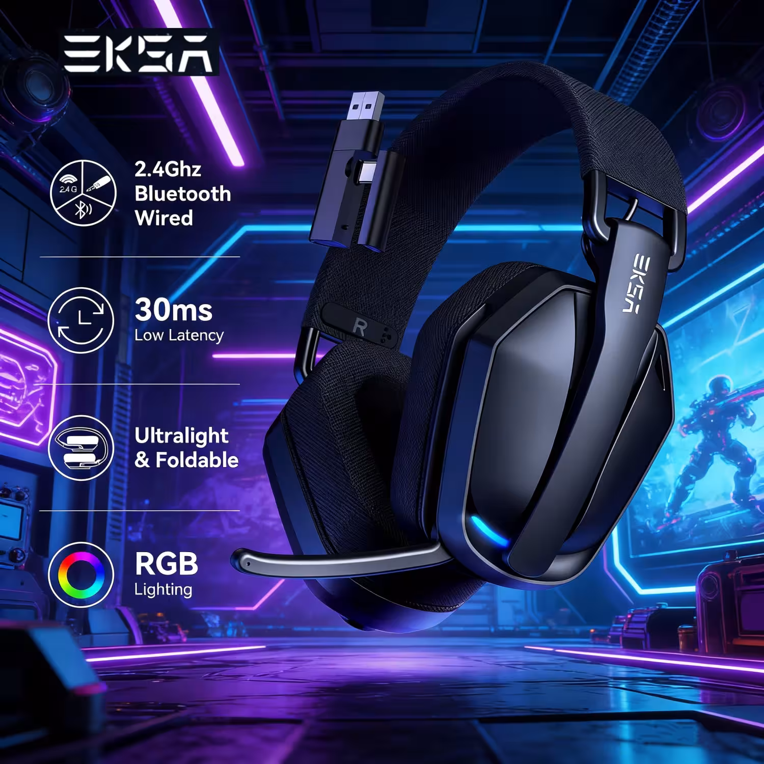 EKSA G19BT 2.4G casque de jeux sans fil avec microphone USB Type- C RGB PS5 PS4 PC