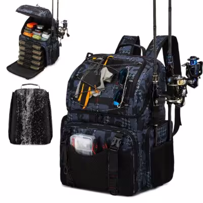 Mochila de pesca de 45L con congelador y soportes para cañas, además de protección contra la lluvia.