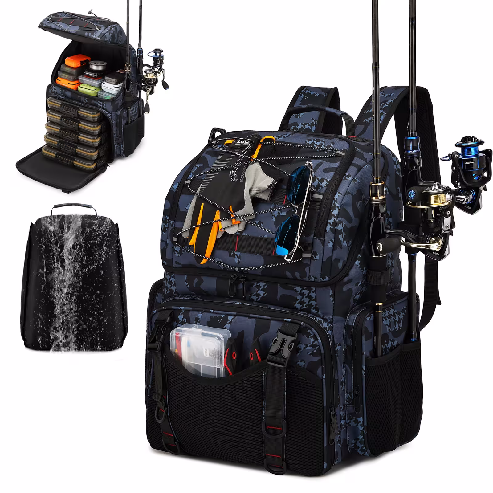 Zaino da pesca da 45L con borsa frigo, porta canne e protezione antipioggia