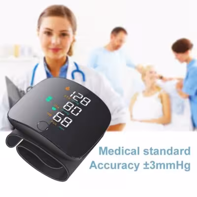 Rechargeable digital wrist blood pressure monitor tonometer with heart rate monitor