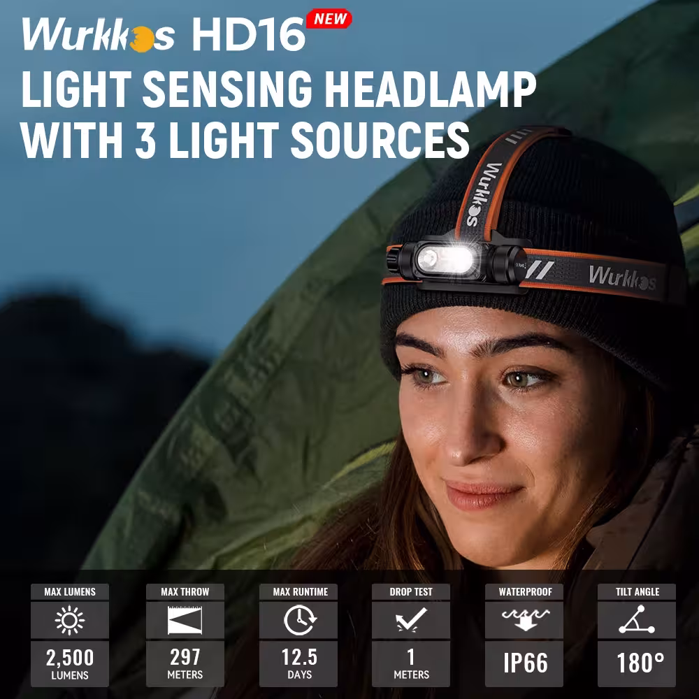 Wurkkos HD16 galvos žibintai 2500 liumenų LED su raudona balta šviesa