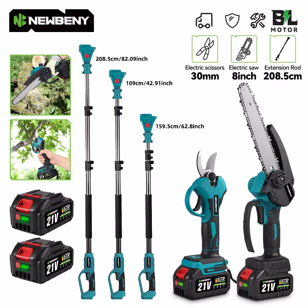 NEWBENY 4 en 1 Sécateur télescopique sans fil pour élagage et entretien de jardin