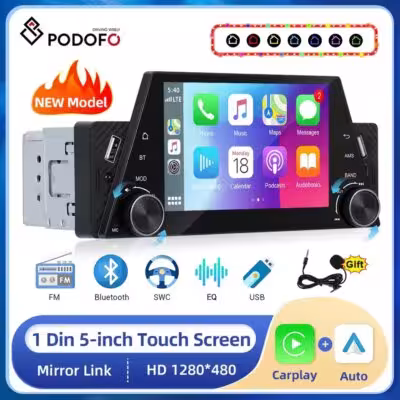 Reproductor multimedia de coche 1din Podofo con Carplay Android auto pantalla de 5 pulgadas