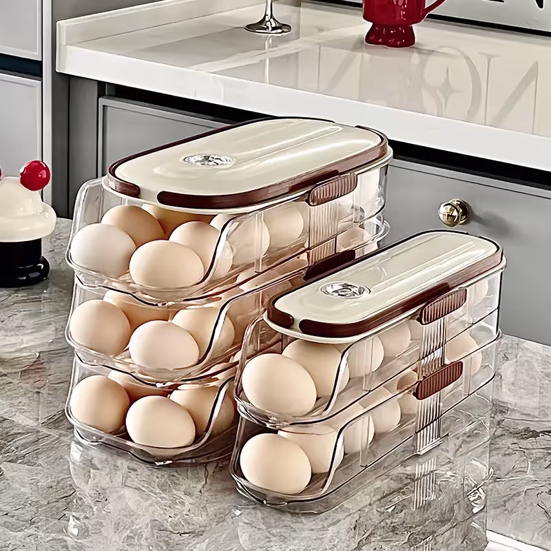 Automatic egg box for a refrigerator with a rolling organizer