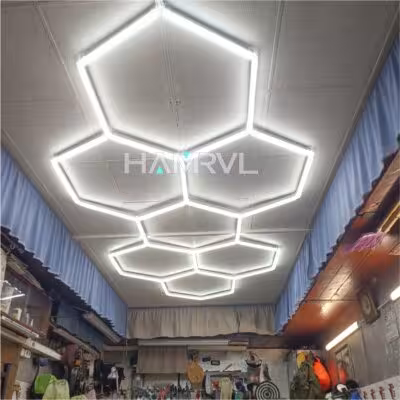 Hexagonal LED lighting system for garage, barbecue shop, barber shop, gym, bar