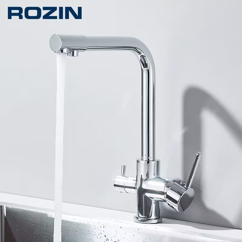 Rozin Chrome Brass Reinforced Water Kitchen Faucet with Filter Double Handles