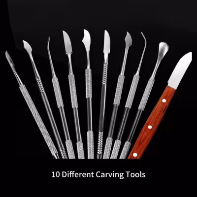 Dental technician's set of 10 stainless steel instruments with spatula and scraper