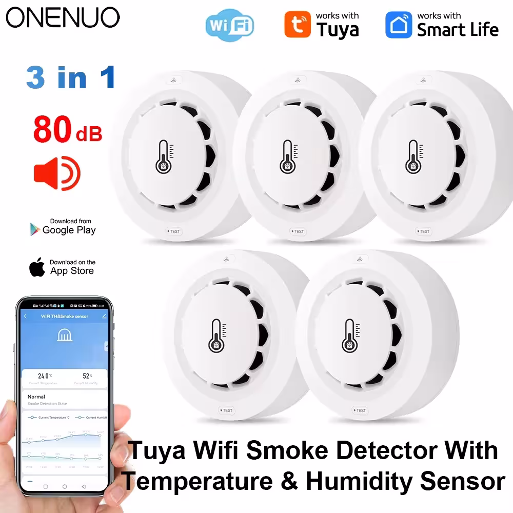 Tuya WiFi BT dūmų detektorius su temperatūros drėgmės sensoriumi 80dB