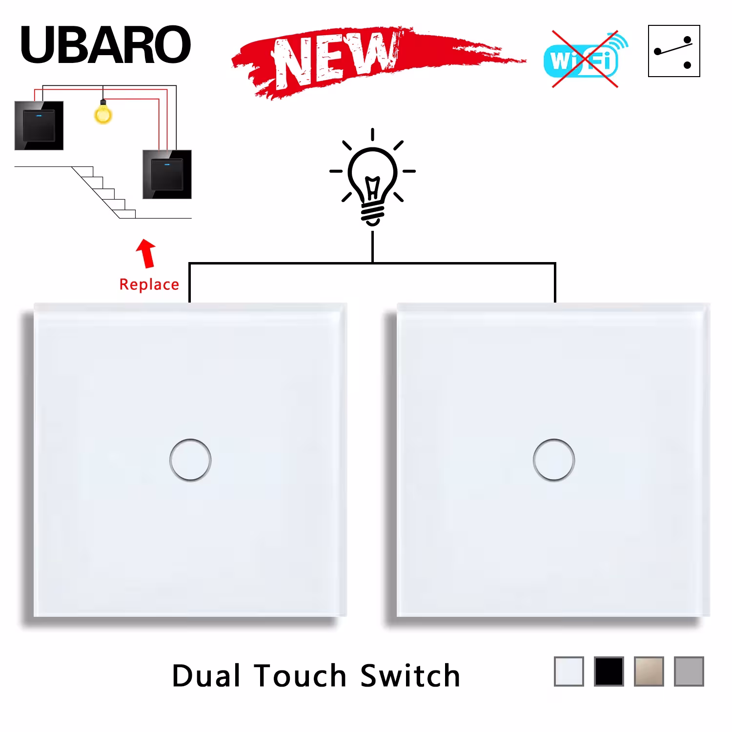 Interrupteur tactile double UBARO avec panneau en verre 86x86mm