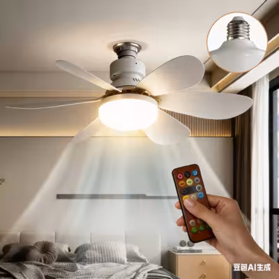 Ventilador de techo LED de 30 W con luz, casquillo E27 y mando a distancia para ajuste de brillo.