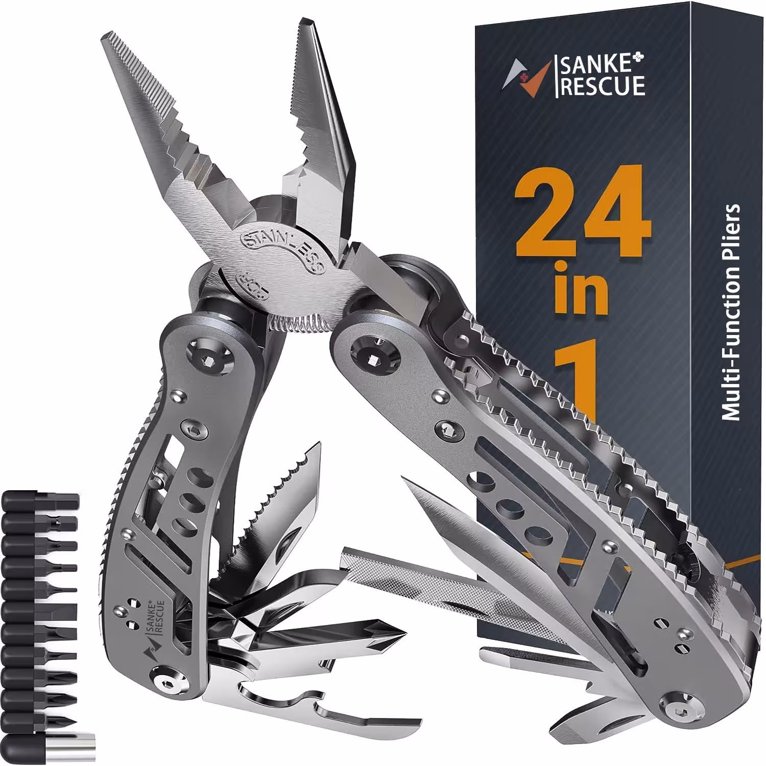 24in1 multi-tool survival kit with folding pliers, knife, and hiking accessories for camping and hunting.