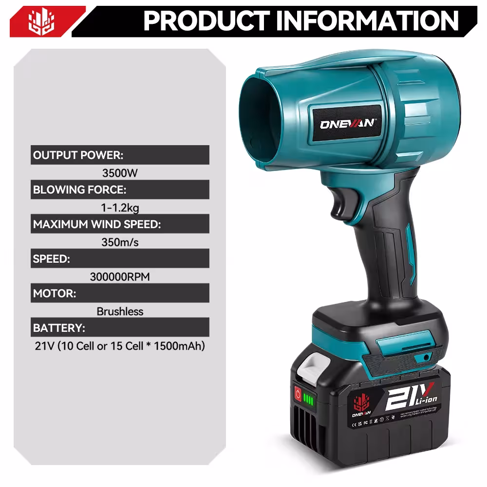 ONEVAN Soffiatore turbo elettrico senza fili 3500W 350M/S asciugatore per auto