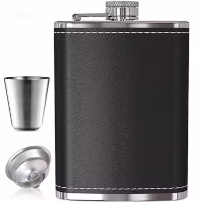 Verres à boire en acier inoxydable portable 8oz avec revêtement de peau et entonnoir