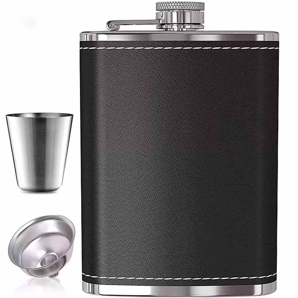 Portable stainless steel water bottle 8oz with leather cover and funnel