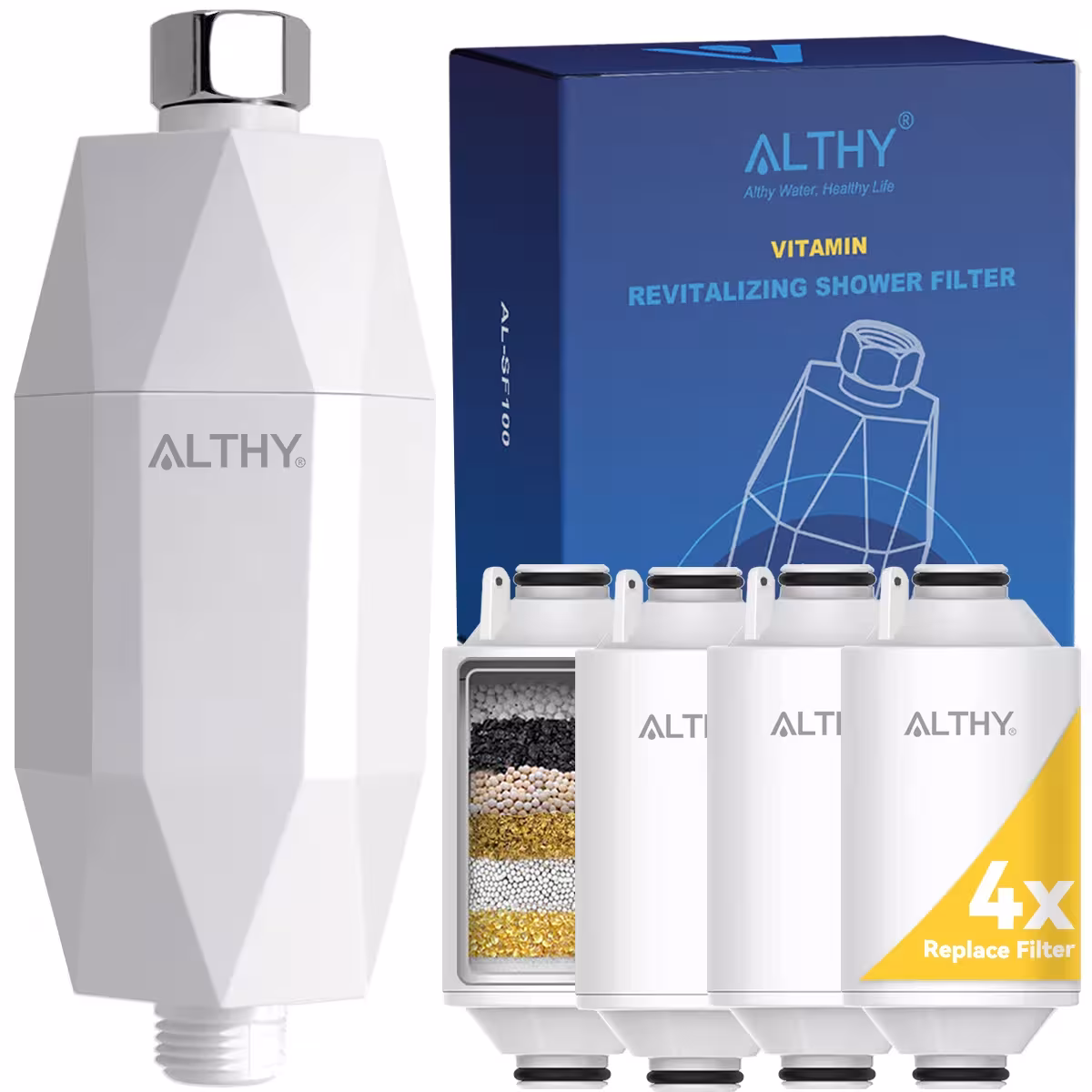 Filtro de agua para ducha ALTHY con vitamina C – Eliminación de cloro, piel seca, caspa