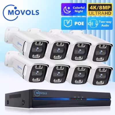 Sistema di videosorveglianza Movols, kit di telecamere IP da esterno con visione notturna, risoluzione 4K 8MP e registratore NVR