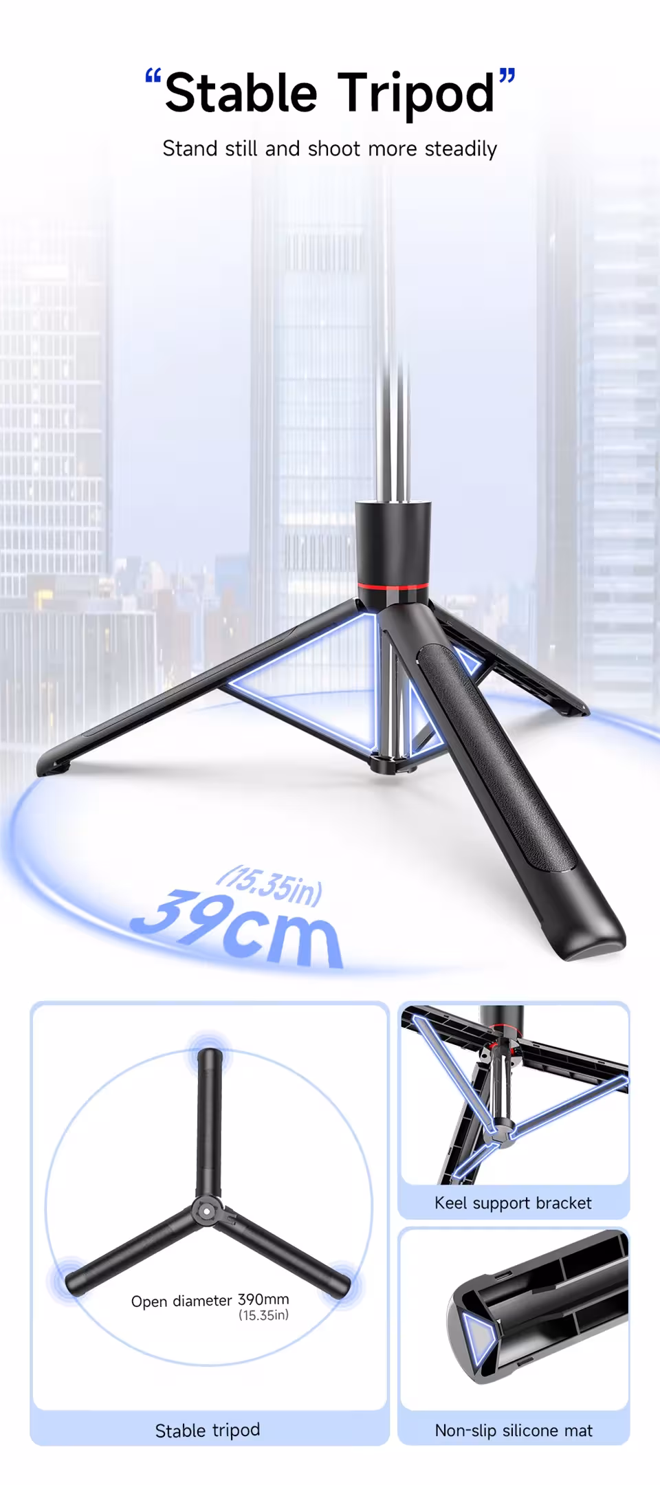 selfie stick tripod su žibintuvėliu