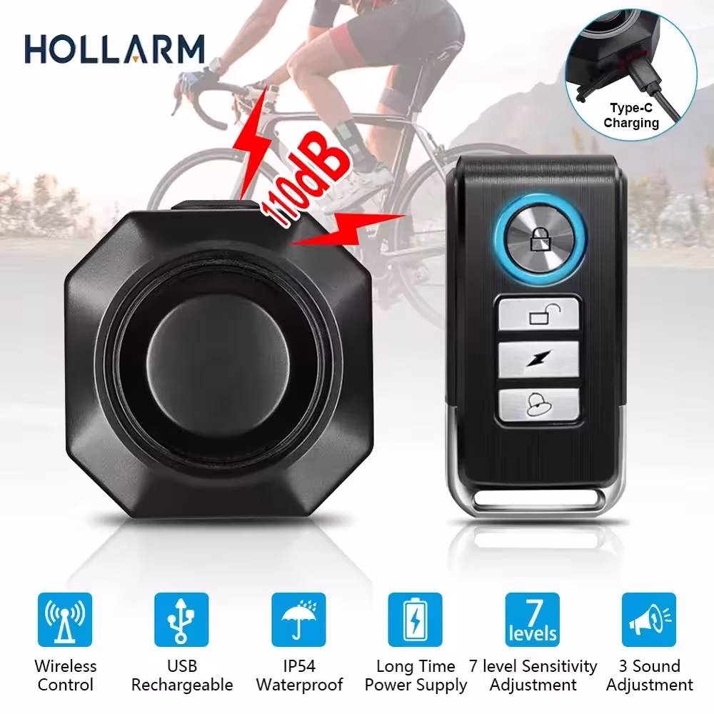 Hollarm belaidis dviračio vibracijos aliarmas USB krovimas anti-theft apsauga