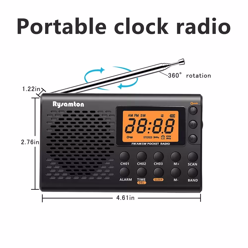 Radio portátil a pilas FM de onda corta con reloj digital
