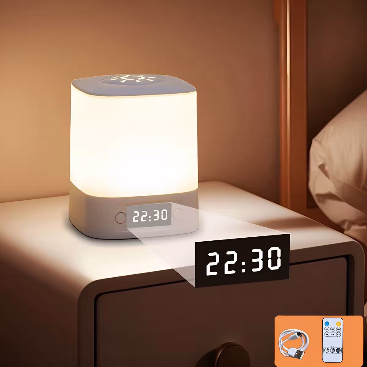 Smart LED night lamp with clock, USB rechargeable, adjustable
