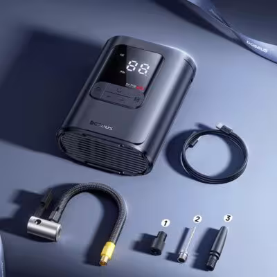 Baseus wireless car tire inflator with LCD screen.