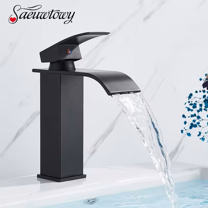 Grifo de baño negro con cascada de agua, monomando para agua fría y caliente