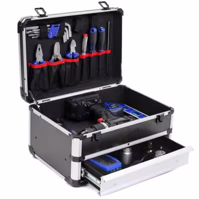 Boîte à outils portable en aluminium avec tiroirs, double niveau, robuste, dimensions 39x27x22cm, idéale pour les électriciens, artisans et coiffeurs.