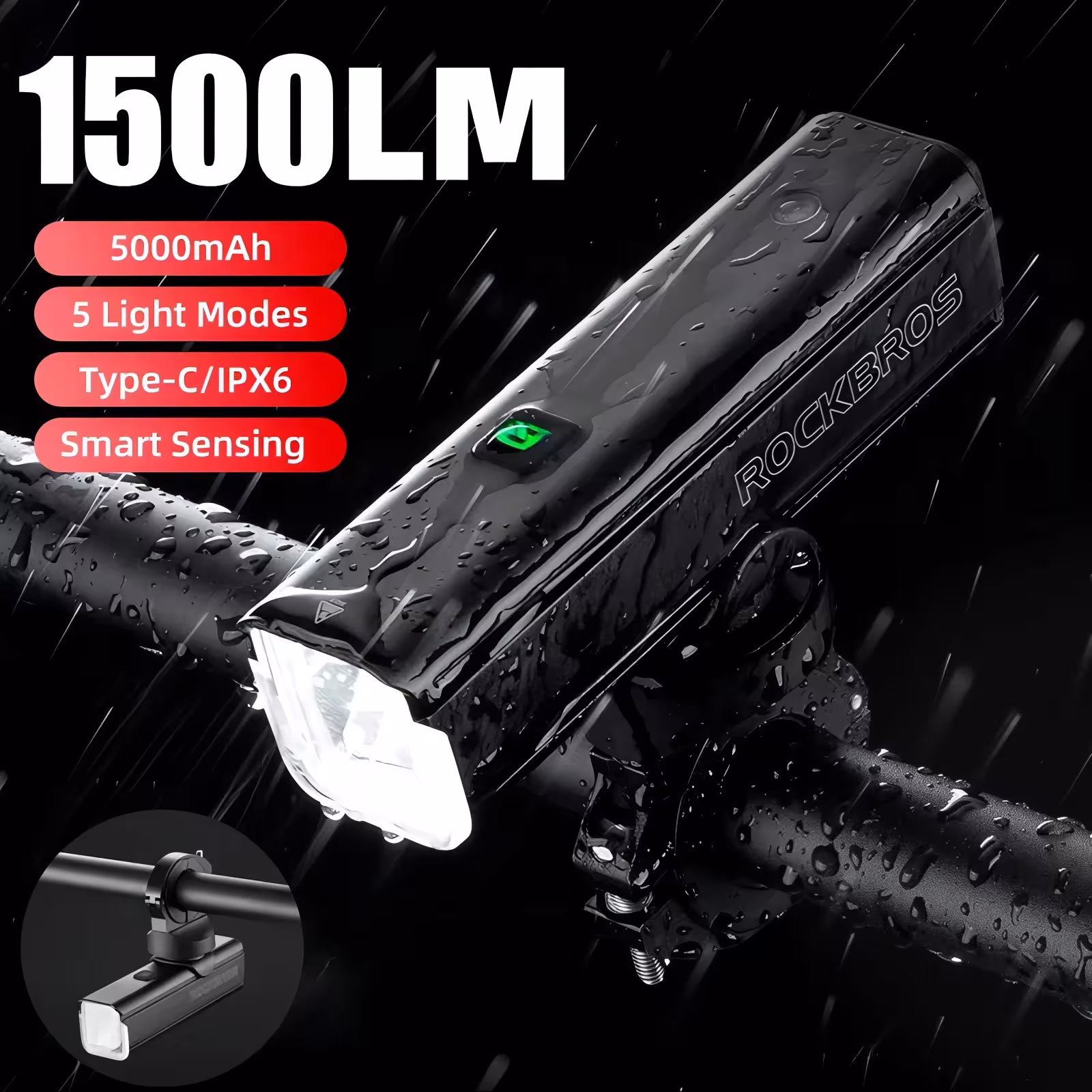 ROCKBROS bicycle front lamp 1500LM 5000mAh USB- C LED lamp