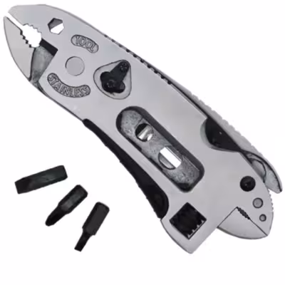 Herramienta de bolsillo multifuncional con alicates, cuchillo, destornillador y llave inglesa para excursiones y trabajos en exteriores.