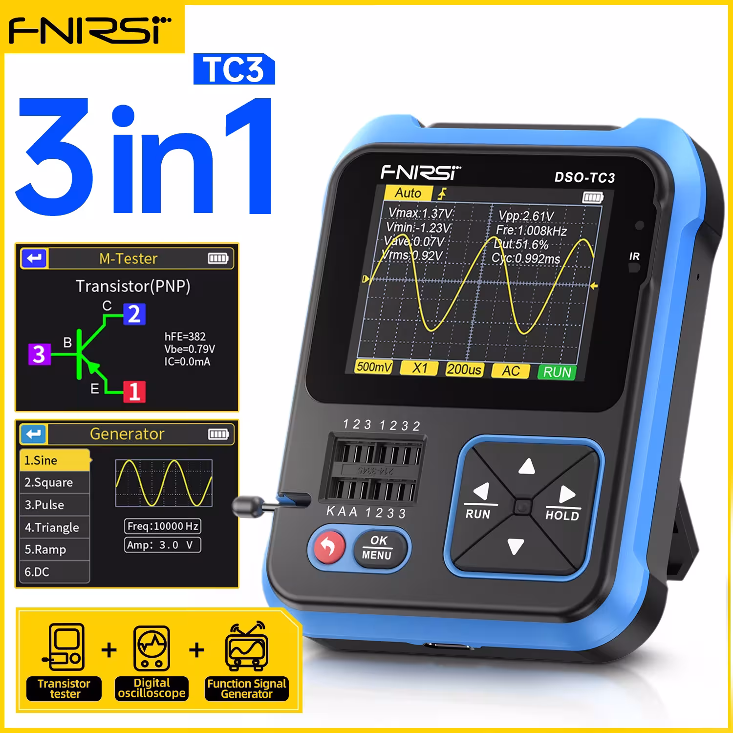 Oscilloscope numérique FNIRSI DSO-TC3 500KHz 10MS/s testeur de transistors 3 en 1