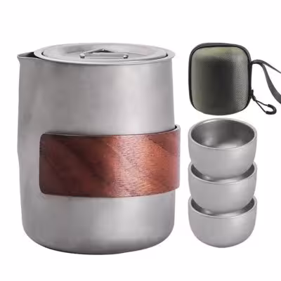 Titanium camping tea and coffee set with 3 cups for heating and hiking