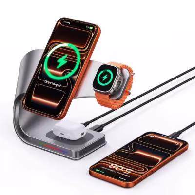 Stazione di ricarica wireless 4 in 1 con corpo in metallo, magnetica 15W per iPhone e Apple Watch