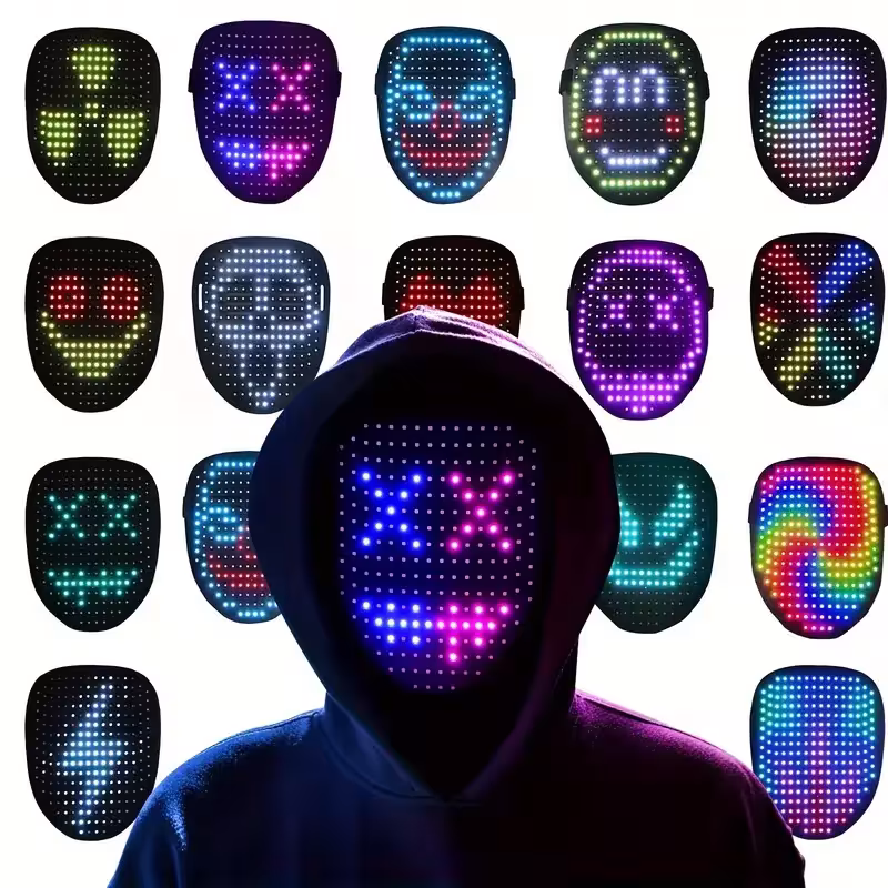 Masque LED lumineux avec capteur de gestes, effets lumineux interactifs et sangle réglable, parfait pour les soirées.