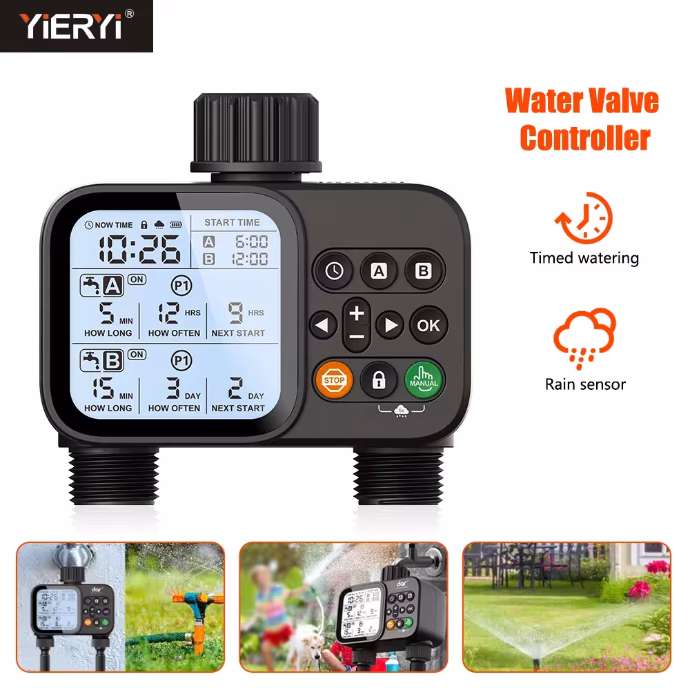 Smart 2-zone automatic watering timer with LED display and rain sensor