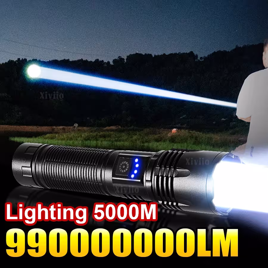 Linterna LED potente de 990000000LM portátil con batería integrada, linterna táctica