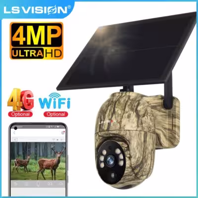 LS VISION 4MP WiFi 4G SIM saulės energija varomoji lauko stebėjimo kamera 2K naktinis matymas 360° PTZ IP66