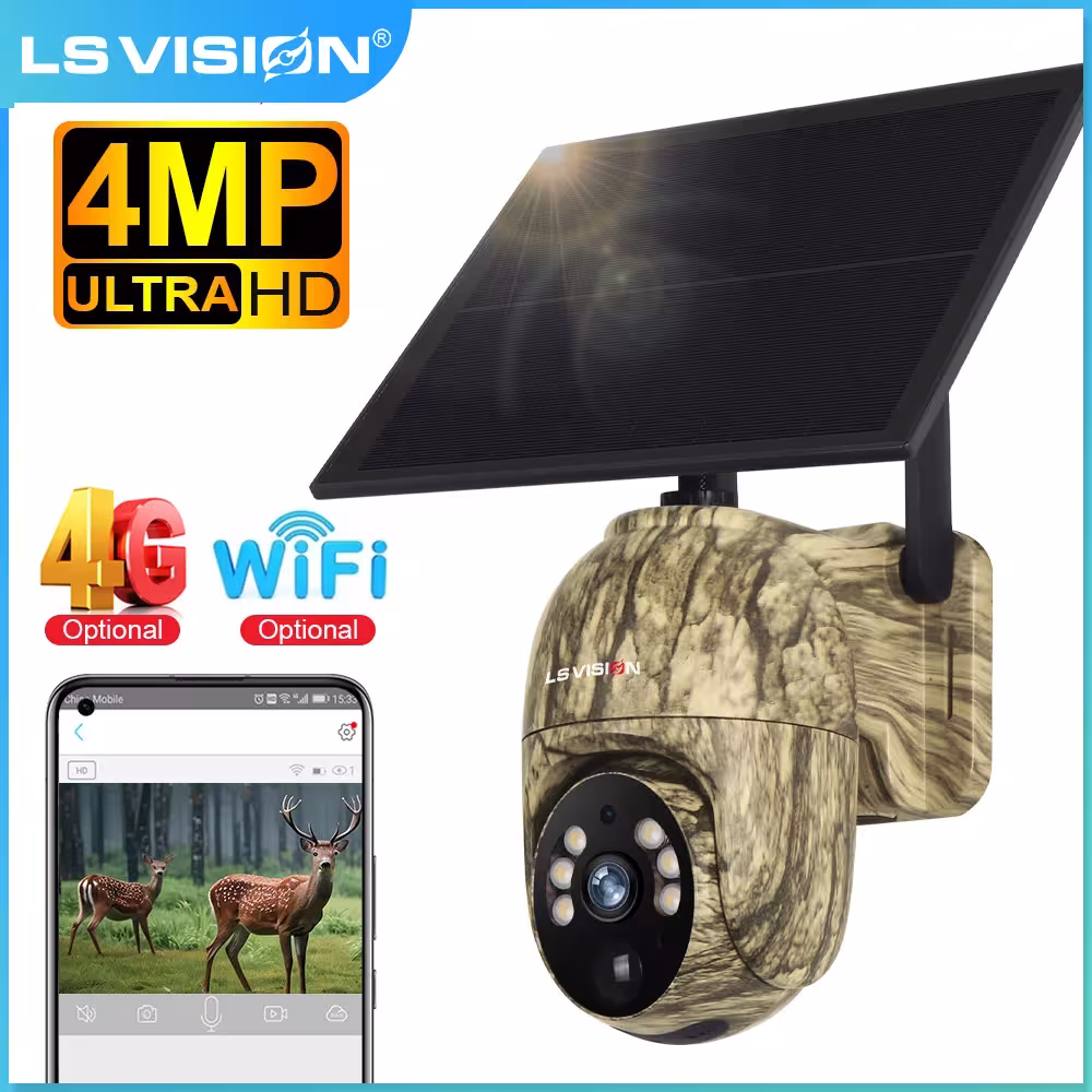 LS VISION 4MP WiFi 4G SIM saulės energija varomoji lauko stebėjimo kamera 2K naktinis matymas 360° PTZ IP66