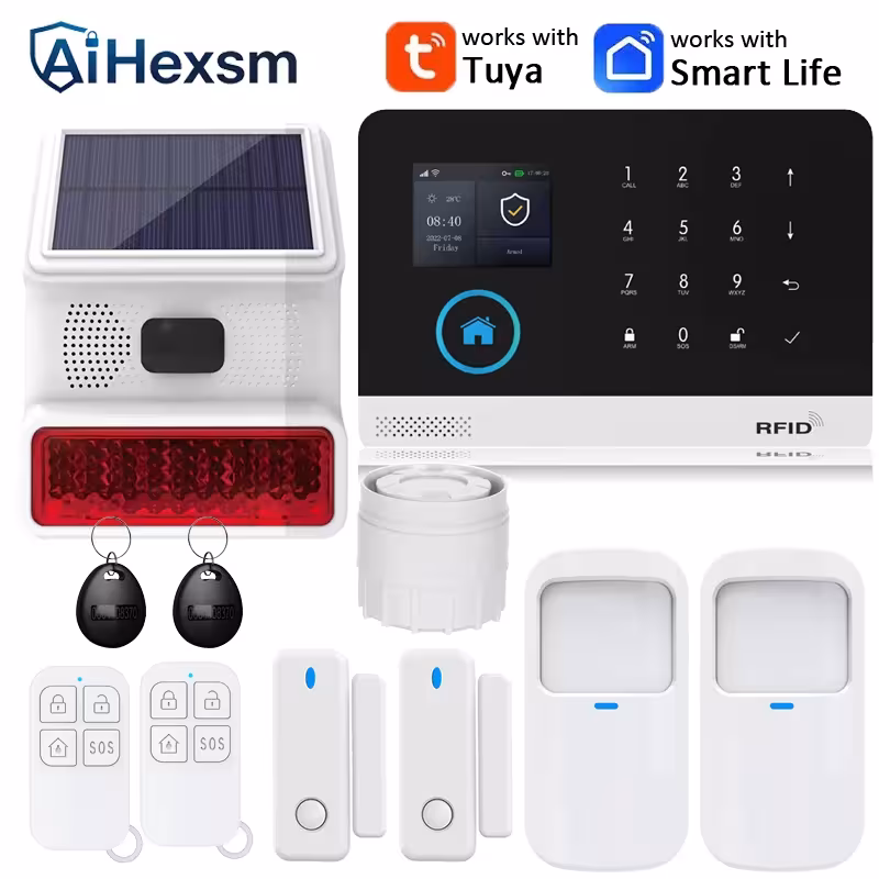 Smart Home Solar powered siren Tuya WIFI GSM Alarm System Wireless Smart Life APP 433MHz Safe Security Gap PIR Motion with Alexa