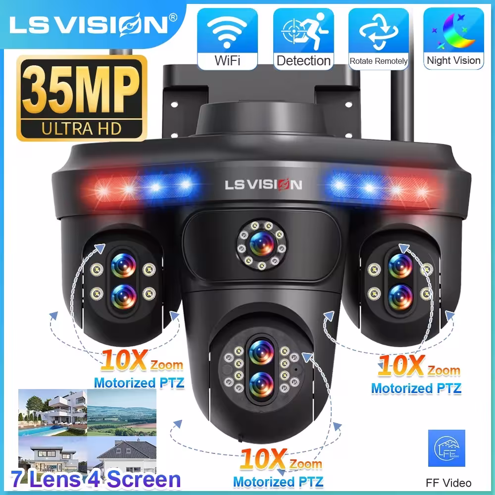 Cámara IP WiFi LS VISION 35MP con 7 lentes, zoom 10X y vigilancia exterior 360°