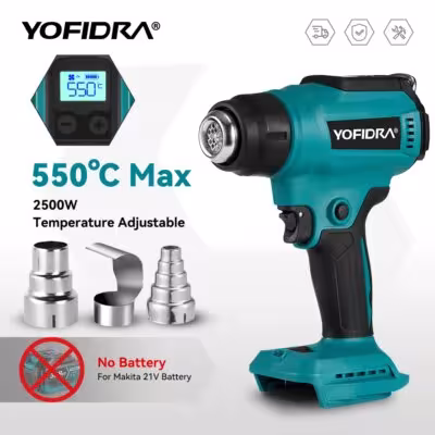 Yofidra 2500W electric heat gun with LED and 3 nozzles for 18V Makita batteries