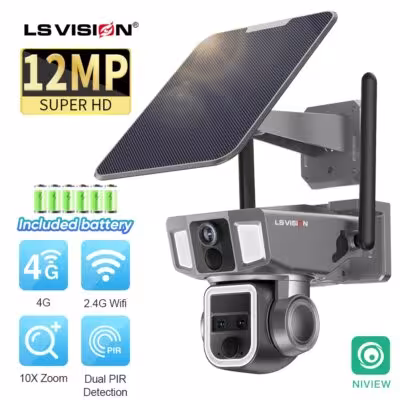 LS VISION 12MP 4G/WiFi Telecamera di sicurezza a energia solare a doppio schermo con tre obiettivi